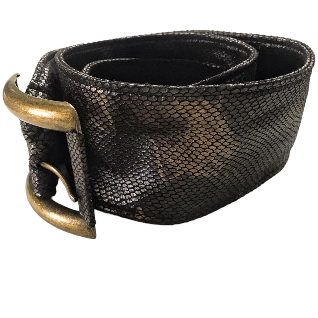 Wide Belt Brown Gold Manmade Snakeskin Print Lightweight Bronze Buckle Large